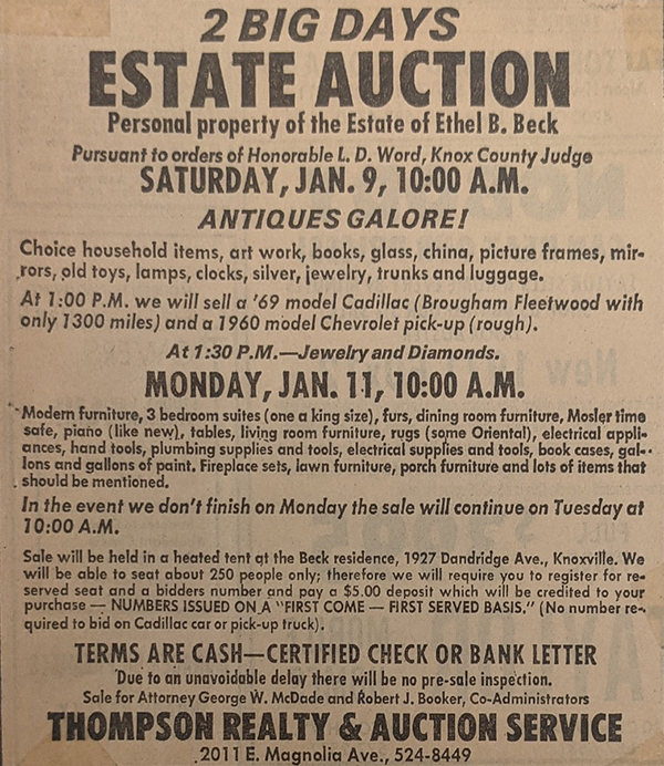 ethel b beck estate auction