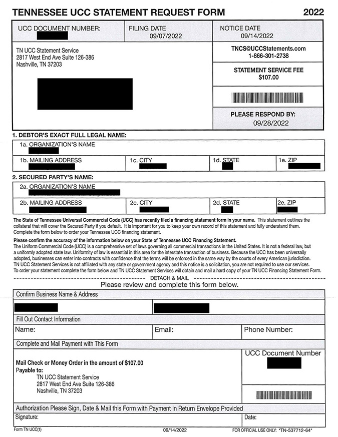 fake tennessee ucc statement request form