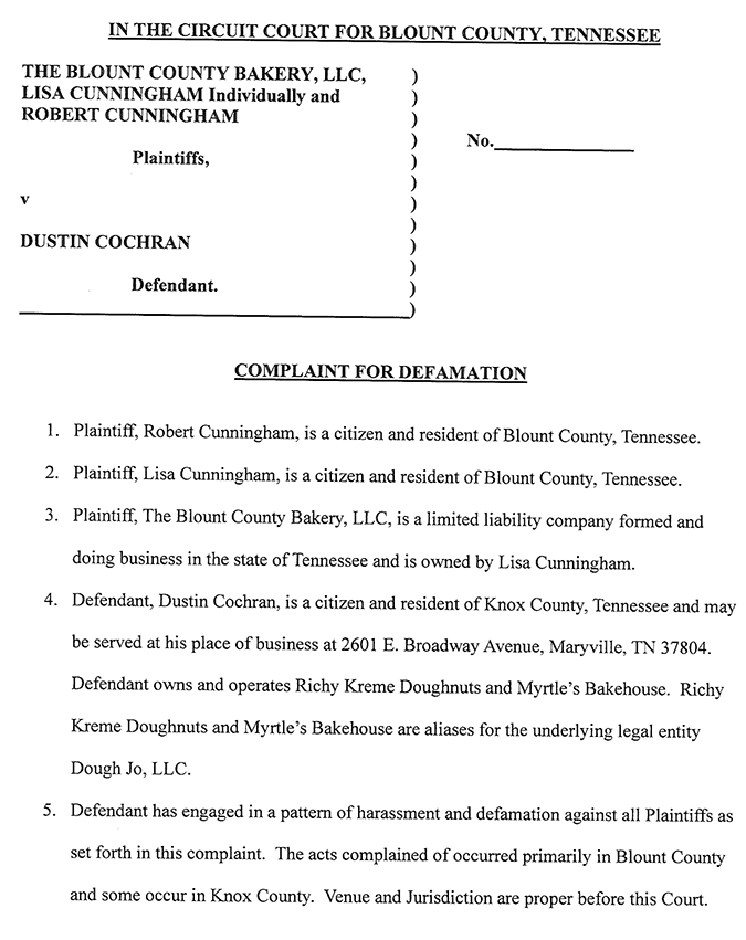 blount county bakery defamation lawsuit