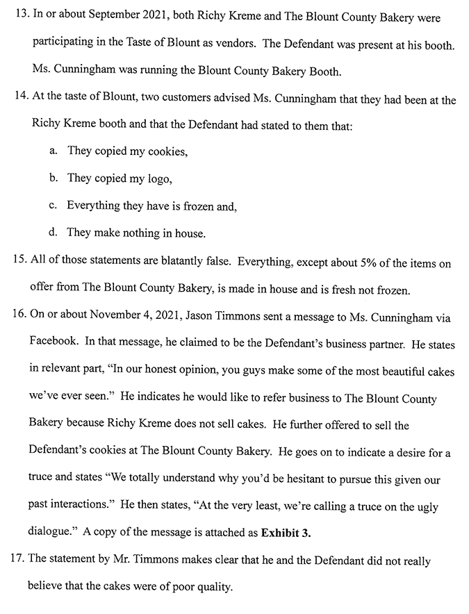 blount county bakery defamation lawsuit