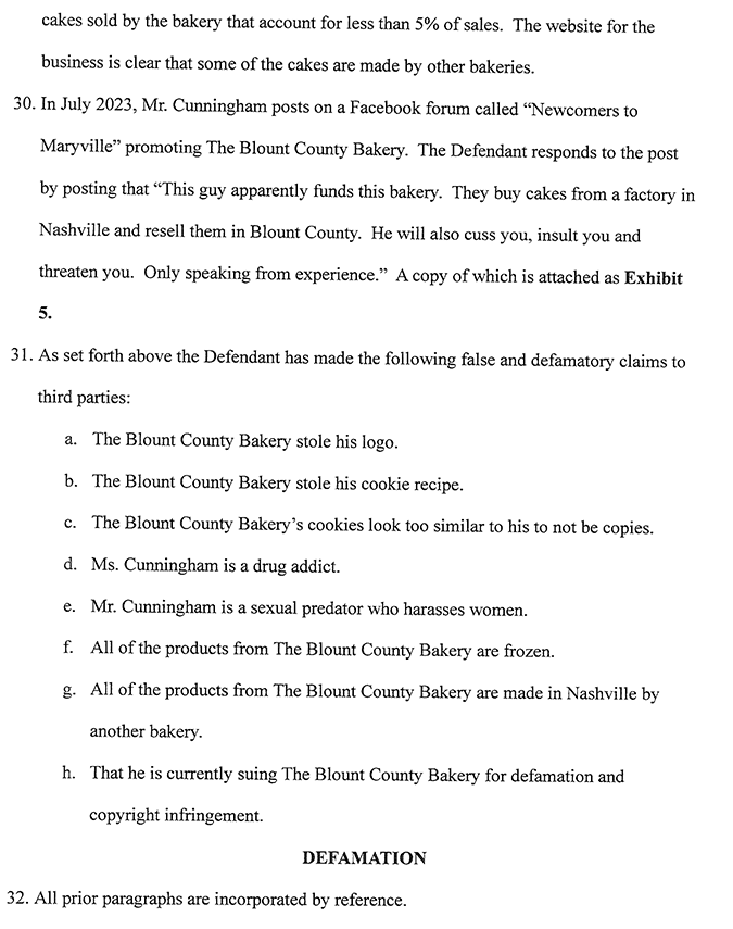 blount county bakery defamation lawsuit